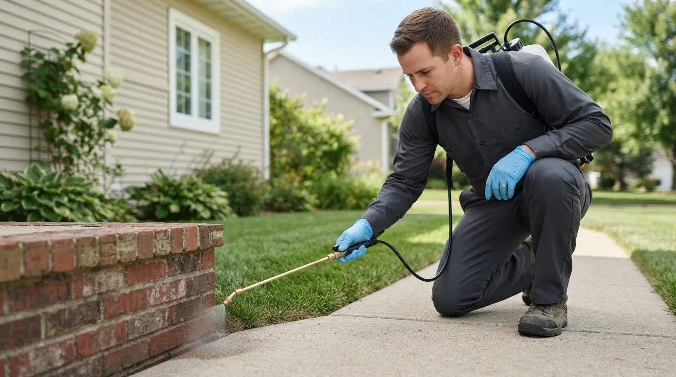 Pest control technician treating a home near Middletown Springs, VT